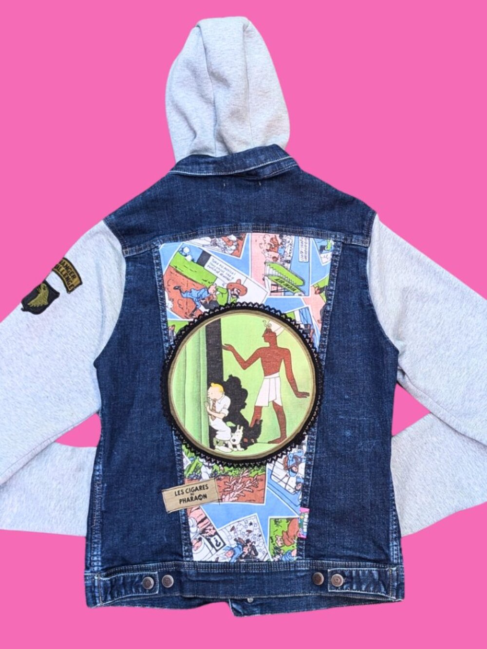 Tintin, Les Cigares du Pharaon Upcycled T-Shirt Denim Jacket with Hoodie Size L